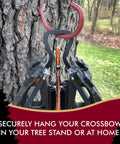 Subatomic Hanger Guard Stirrup securely hangs crossbow on tree, protecting bow string and broadhead while hunting or practice
