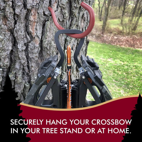 Subatomic Hanger Guard Stirrup securely hangs crossbow on tree, protecting bow string and broadhead while hunting or practice
