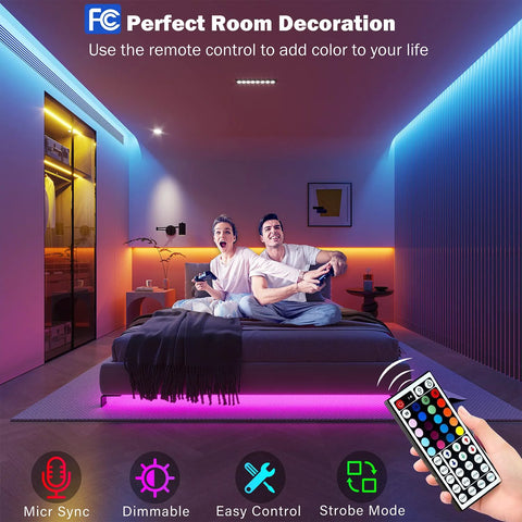 Leeleberd RGB LED strip lights, 100 ft (2x50 ft), installed under bed and along wall in a modern bedroom with remote.