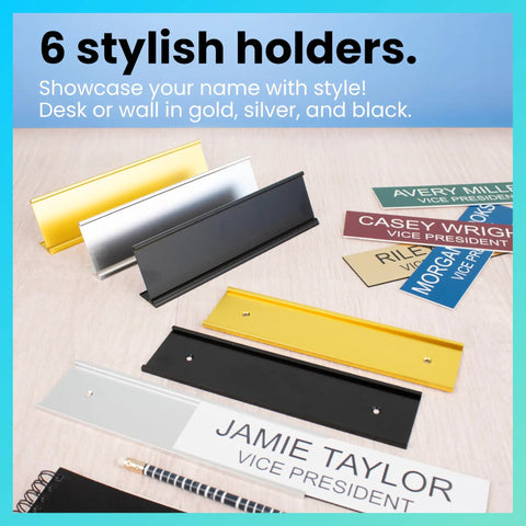 Custom Name Plate for Desk or Door With 14 Color Options 2 by 8 Inches, showcasing gold, silver, black holders and name cards.
