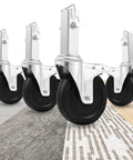 Five Inch Scaffolding Wheels, Scaffold Caster Set Of Four with heavy duty rubber tires on various surfaces.