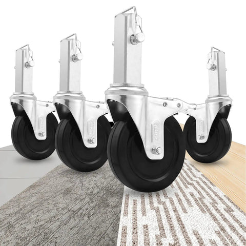Five Inch Scaffolding Wheels, Scaffold Caster Set Of Four with heavy duty rubber tires on various surfaces.