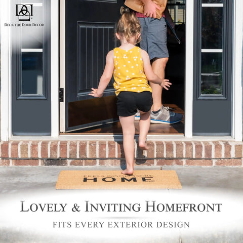 Child entering home with Premium Door Kick Plate With Kwik Plate Mounting No Drill Install For Interior And Exterior Doors 6x34 Oil Rubbed Bronze Made In USA Easy 60 Second Install Protective Door Shield visible on door.