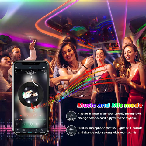 People dancing in a room with 82ft LED Strip Lights With Music Sync Color Changing RGB Rope Light illuminating the space.