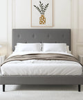 Queen Size Linen Bed Frame With Adjustable Headboard Grey Upholstered Design Featuring Heavy Duty Wooden Base And High Density Foam for sleeping comfort.