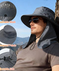 Man wearing Sun Hat For Men And Women With Neck Flap UPF 50 UV Protection Wide Brim Safari Style For Hiking And Fishing Waterproof Lightweight Foldable All Day Sun Shield Dark Gray by tree, mesh detail highlighted.