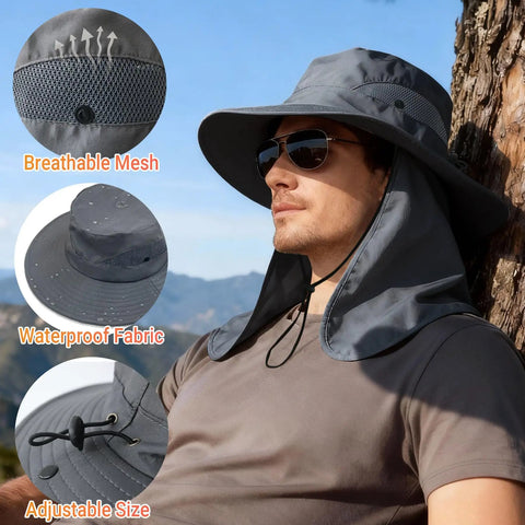 Man wearing Sun Hat For Men And Women With Neck Flap UPF 50 UV Protection Wide Brim Safari Style For Hiking And Fishing Waterproof Lightweight Foldable All Day Sun Shield Dark Gray by tree, mesh detail highlighted.