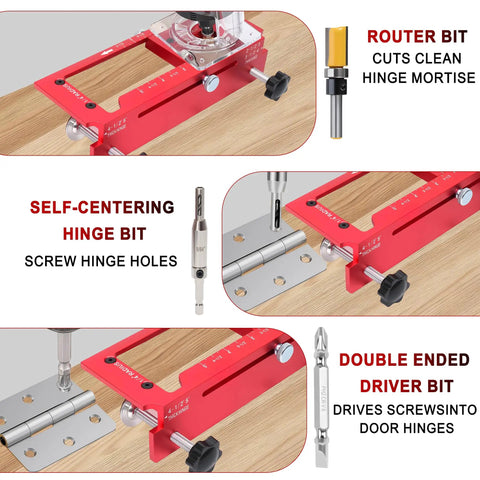 Heavy Duty Aluminum Door Hinge Jig And Game Changing Lock Installation Kit With Dead On Precision Router Template and tools for DIY projects.