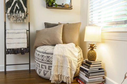 Coastal Pineapple Table Lamp With Linen Shade And Distressed Finish for living room, beside round ottoman and pillows, brings dope beach vibe
