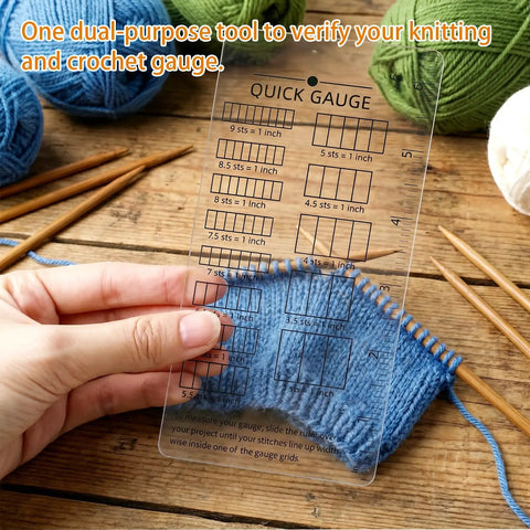 Quick Gauge Ruler For Knitting And Crochet No Sweat Stitch Measurement Tool With Clear Grid Layout on blue yarn.