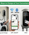 No Sweat Garage Upgrade Heavy Duty Level 2 Electric Charger Crushing Charge Times With Blazing 50 Amp 12Kw 240V Hardwired Power For Your Electric Vehicle Featuring Flexible Amp Control Gray, showcasing charging options.