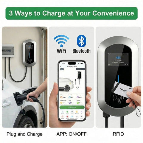No Sweat Garage Upgrade Heavy Duty Level 2 Electric Charger Crushing Charge Times With Blazing 50 Amp 12Kw 240V Hardwired Power For Your Electric Vehicle Featuring Flexible Amp Control Gray, showcasing charging options.