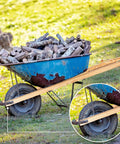 59 Inch Wood Wheelbarrow Handles Kit With Two Wedges on a blue wheelbarrow loaded with firewood, showing pine wood and pre-drilled holes.