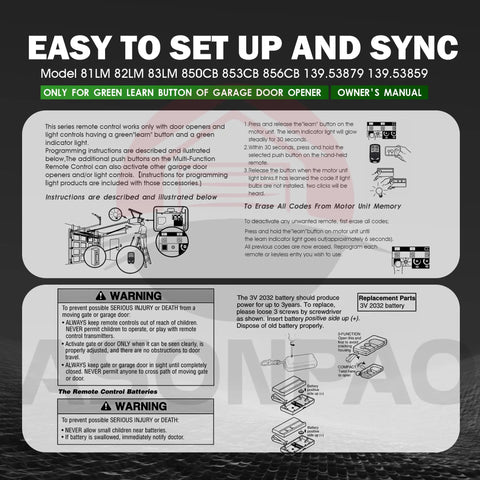 Instruction manual for Two Pack Replacement Garage Door Opener Remote For Green Learn Button Models 1993-1995 1997, LiftMaster compatible.
