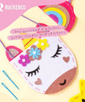 Kids Sewing Kit For Beginners With 6 Easy Felt Projects showing unicorn felt craft with pre-punched holes and plastic needles