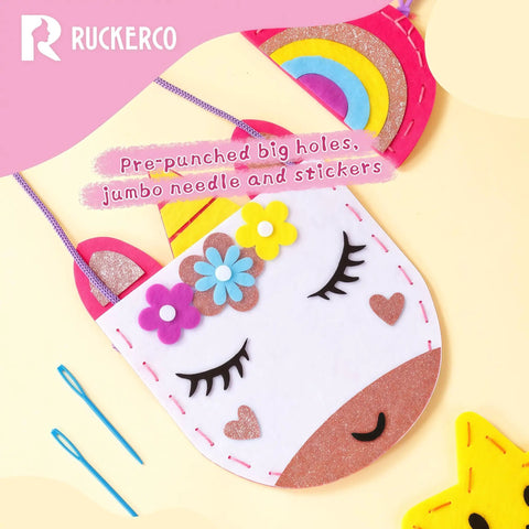 Kids Sewing Kit For Beginners With 6 Easy Felt Projects showing unicorn felt craft with pre-punched holes and plastic needles