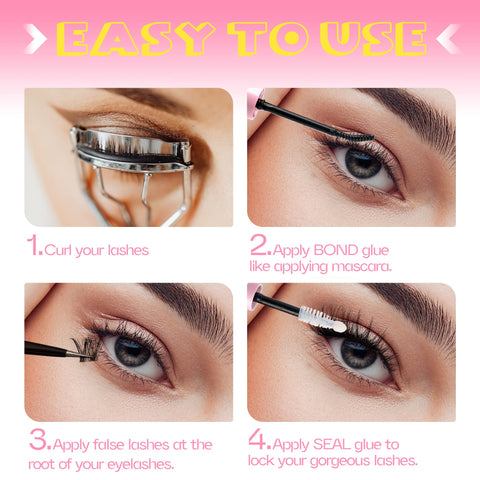 Bond And Seal 2 In 1 Lash Glue Waterproof With Strong Hold For DIY Cluster Eyelashes application instructions on model