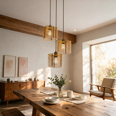 milaruoro Farmhouse Pendant Light Fixture, 3 Light Black Wood Pendant Lighting, 17.7" Wooden Chandelier over wooden dining table