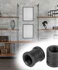 Pack Of Twenty Half Inch Iron Cast Pipe Couplings For Vintage DIY Furniture And Industrial Decor Projects, Heavy Duty Malleable Iron Fittings For Standard Threaded Pipes, Rust Resistant And Ready To Build showing 1/2-inch black iron couplings and pipe shelving