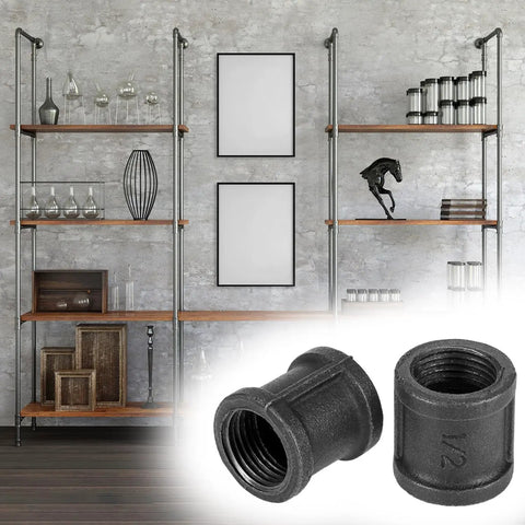 Pack Of Twenty Half Inch Iron Cast Pipe Couplings For Vintage DIY Furniture And Industrial Decor Projects, Heavy Duty Malleable Iron Fittings For Standard Threaded Pipes, Rust Resistant And Ready To Build showing 1/2-inch black iron couplings and pipe shelving