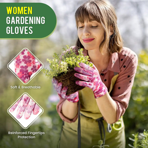 Woman using Six Pairs Women Gardening Gloves With Breathable Rubber Coated Grip Thorn Proof And Cut Resistant For Outdoor Work.