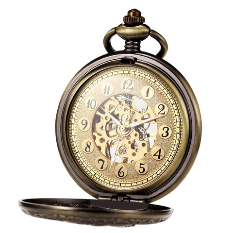 Dope Mechanical Eagle Skeleton Dial Bronze Pocket Watch With Arabic Numerals Gift Box And Chain For Men And Women Vintage Style Elegant Golden Movement Timepiece For Everyday Wear