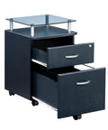 Heavy Duty Two Drawer Rolling File Cabinet With Secure Lock And Sleek Glass Top Fits Under Desk, Graphite Finish, mobile with chrome wheels.