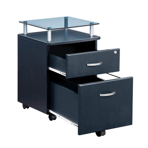 Heavy Duty Two Drawer Rolling File Cabinet With Secure Lock And Sleek Glass Top Fits Under Desk, Graphite Finish, mobile with chrome wheels.