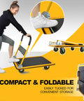 Foldable Push Cart Dolly With 360 Degree Swivel Wheels in use, showing folding mechanism and compact storage
