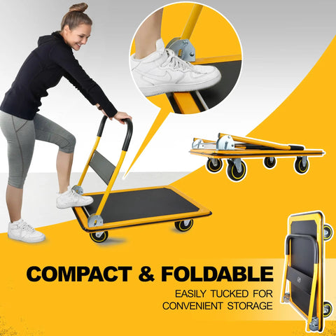 Foldable Push Cart Dolly With 360 Degree Swivel Wheels in use, showing folding mechanism and compact storage
