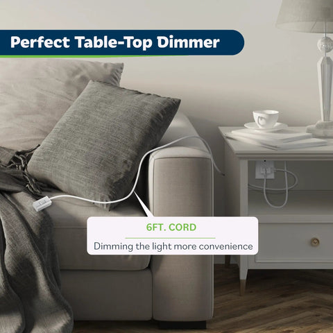 Table Top Plug In Dimmer For Lamps With Quiet Slide Control No Pro Needed Easy Plug In Installation 6 ft cord by sofa