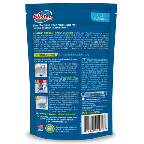 Back view of Foaming Garbage Disposer Cleaner Twenty Pack With Lemon Scent package showing usage instructions and safety details.