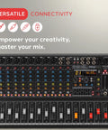 12 Channel Console Style DJ Mixer With Bluetooth And USB Audio Interface, front view, showing 8 XLR and combo inputs and controls