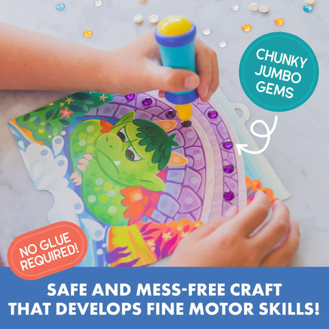 Child using Mess Free Diamond Painting Kit For Kids Ages 4-8, Gem Art Craft Set With Popper Tool, completing dragon design