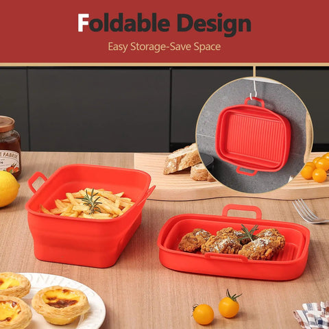 Collapsible 2 Pack Silicone Liners For 8Qt And 10Qt Ninja Foodi Dual Air Fryer shown with food, showcasing foldable design.