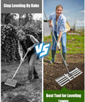 Two images comparing old rake and Heavy Duty Lawn Leveling Rake With 30 By 10 Inch Stainless Steel Head And Adjustable 78 Inch Handle