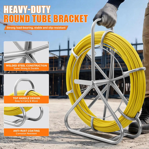 Fiberglass Fish Tape 656 Feet One Quarter Inch Duct Rodder Wire Puller Non Conductive Cable Running Rod With Pro Grade Heavy Duty Steel Reel Stand Minimum Thirteen Inch Bending Radius For Wall And Electrical Conduit Fishing Tool with steel reel stand