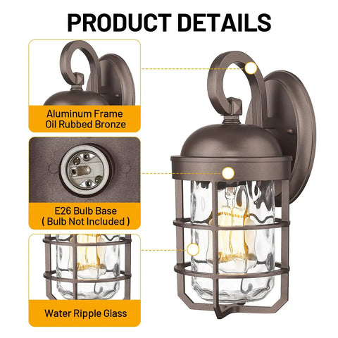 Industrial Outdoor Wall Light Fixtures Set Of 2 With Water Ripple Glass showing oil-rubbed bronze aluminum and E26 bulb base