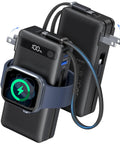 Ultimate 10000mAh Power Bank With 22.5W Fast Charging And Built In Lightning Usb C Cables Plus Foldable Wall Plug For iPhone And Apple Watch with smartwatch on top.