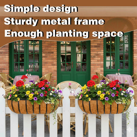 Gonna Love How Fresh These 2 Pack 24 Inch Railing Planter Boxes Look On Your Patio Featuring Heavy Duty Metal Frames And Natural Coir Liners Zero Fuss Window Boxes For Deck Balcony with vibrant flowers.
