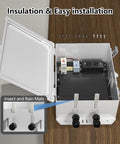 Heavy Duty ABS Electrical Enclosure Box 18.3 X 12.7 X 6.5 Inch with open lid showing interior components and installation details.