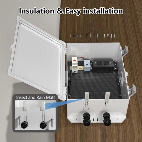 Heavy Duty ABS Electrical Enclosure Box 18.3 X 12.7 X 6.5 Inch with open lid showing interior components and installation details.