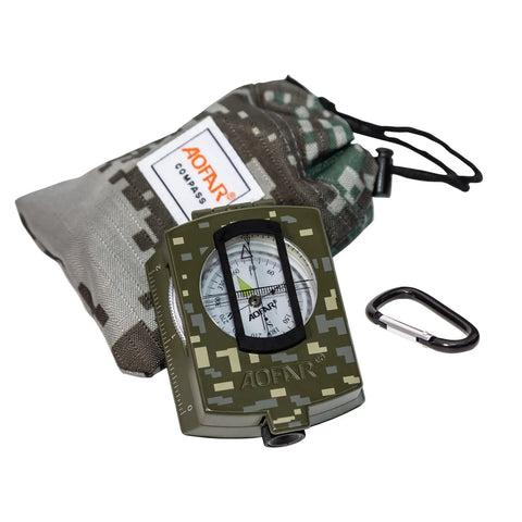 Rugged Survival Compass and Fire Starter Kit with Lensatic Sight, waterproof, shakeproof, digital camo pattern, pouch included