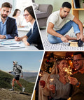 Collage showing people at work, relaxing at home, hiking outdoors, and celebrating with sparklers at a party.