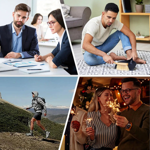 Collage showing people at work, relaxing at home, hiking outdoors, and celebrating with sparklers at a party.