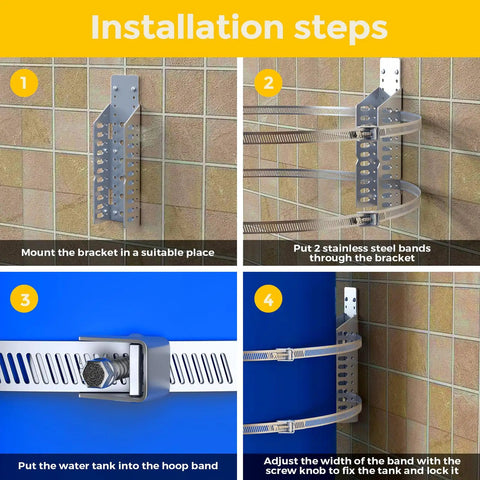 Expansion Tank Mounting Bracket Set With 2 Hot Water Heater Support Straps For One To Five Gallon Tanks DIY Friendly Rugged Heavy Duty Wall Mount Brackets RV Propane Tank Holder Safe Secure Home Water System Install mounted on tile wall with stainless straps