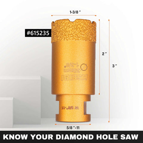KSEIBI 615235 diamond hole saw, 1-3/8 in dia, gold vacuum-brazed, 2 in drilling depth, 5/8-11 thread for angle grinder