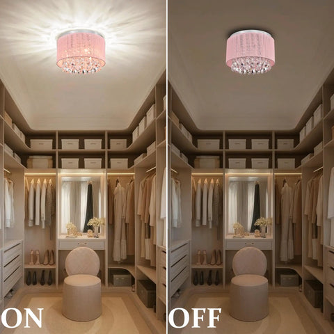 Pink Chandelier Drum Flush Mount Crystal Ceiling Light Fixture With 3 Lights Handmade Cotton Thread For Girl Bedroom Nursery Chic Modern Decor And Glam Lighting With A Lit Vibe For Living Room Or Kids Room Decor