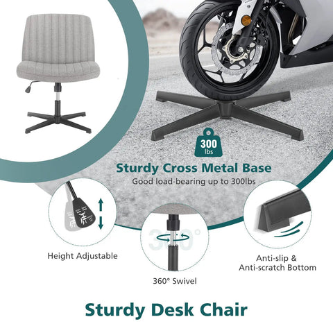 Armless Swivel Office Chair With Wide Padded Seat, Height Adjustable From 15.94 To 19.69 Inches, criss cross leg metal base
