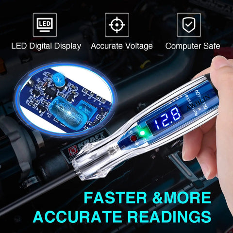 Rugged Automotive Test Light 3 to 60V DC Digital LED Circuit Tester With Anti Lost Needle Guard Protection For No Fuss Safe And Handy On The Go Diagnostics And Quick Fault Fixes, hand-held with LED display